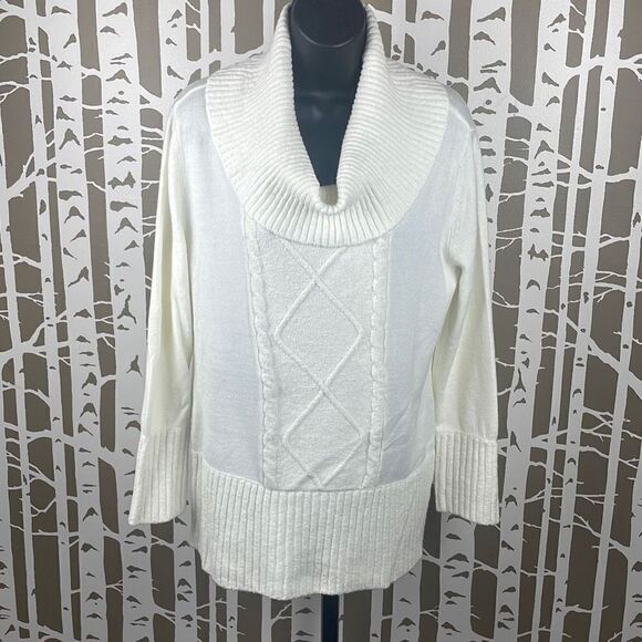 Ivory Cowl Neck 3/4 Sleeve Longline Sweater sz L - Picture 1 of 11
